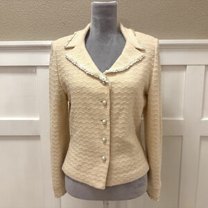 St. John Couture Gold Micro-Sequin Blazer Jacket Size:6 Faux Pearl Buttons Cream